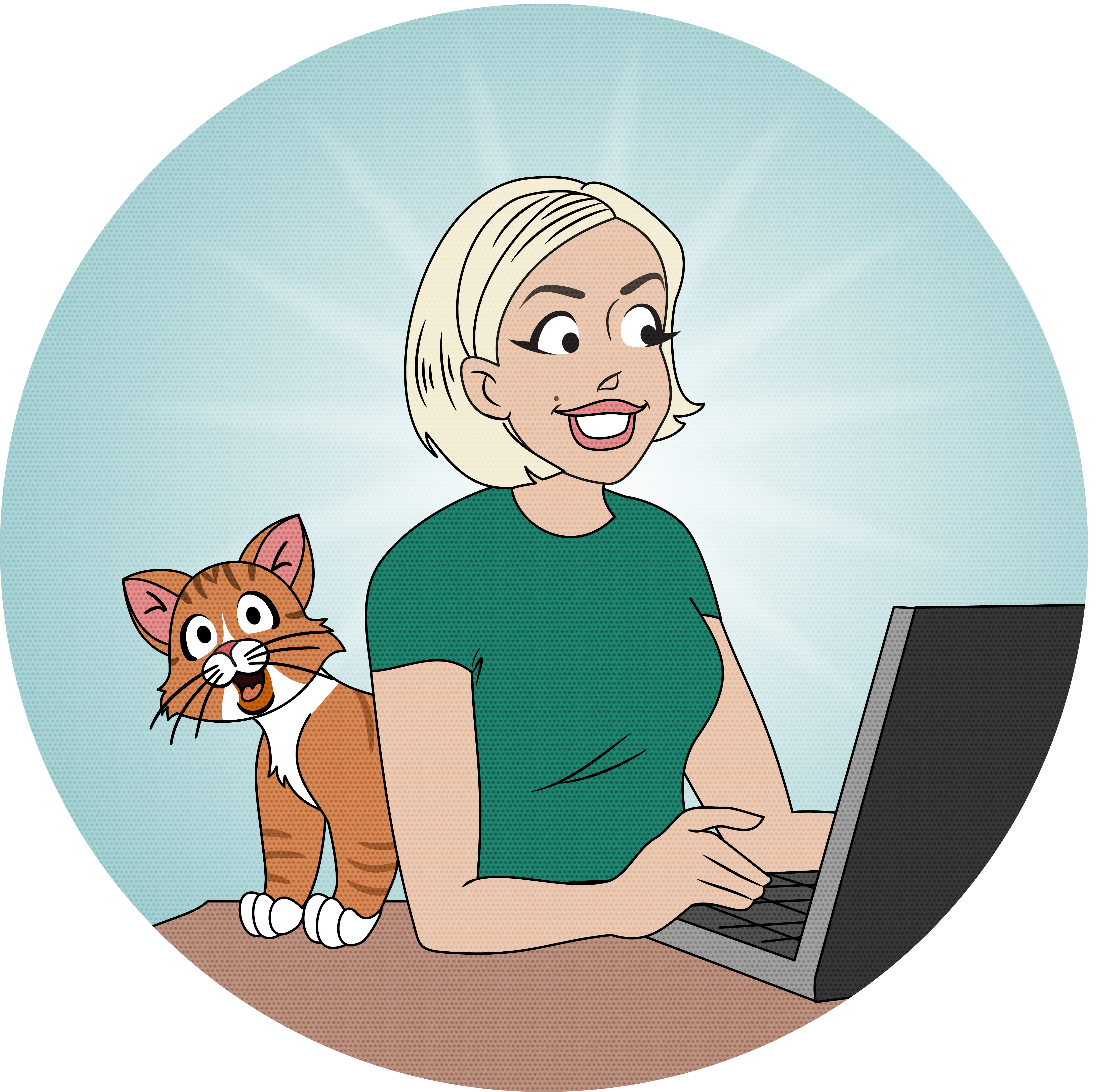 Daily Wonder is created by Jenn Turner, a white, blonde woman illustrated in the style of Archie comics here, with her orange tabby cat, Gabe.